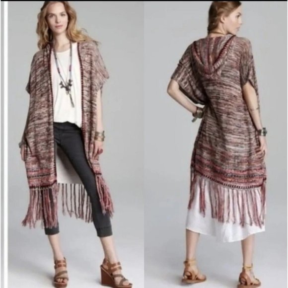 Free‎ People Festival Lagenlook Jungle Heat Hood Tiger Fringe Cardigan Size S/P - Picture 1 of 8